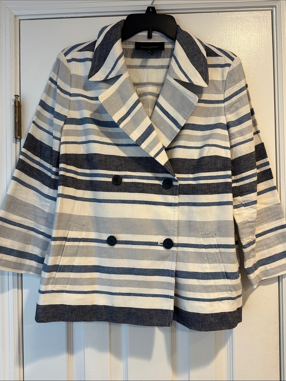 Banana Republic Navy and White Striped Double-Breasted Blazer